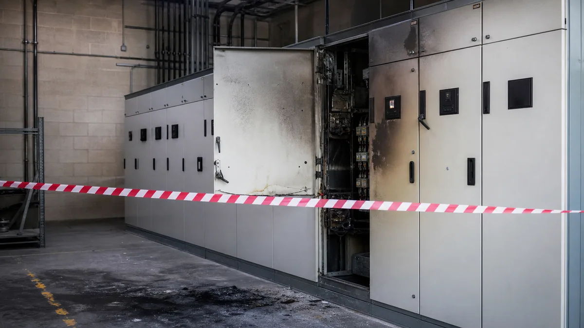 Realistic, non-graphic evidence scene for arc flash accident at work, showing a de-energised industrial switchboard after an electrical fault, isolated area, undamaged protective hood, test report and medical folders, no flame or person.