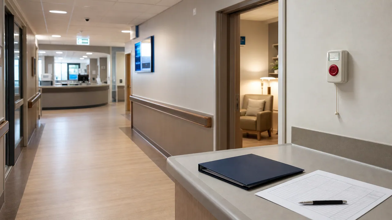 환자·입소자에게 당한 폭행의 직장 상황과 증거 검토를 존중하는 비자극적 장면으로 보여 주는 이미지입니다. 폭력 행위, 부상자 근접 장면, 무기, 로고 또는 글자는 없습니다.