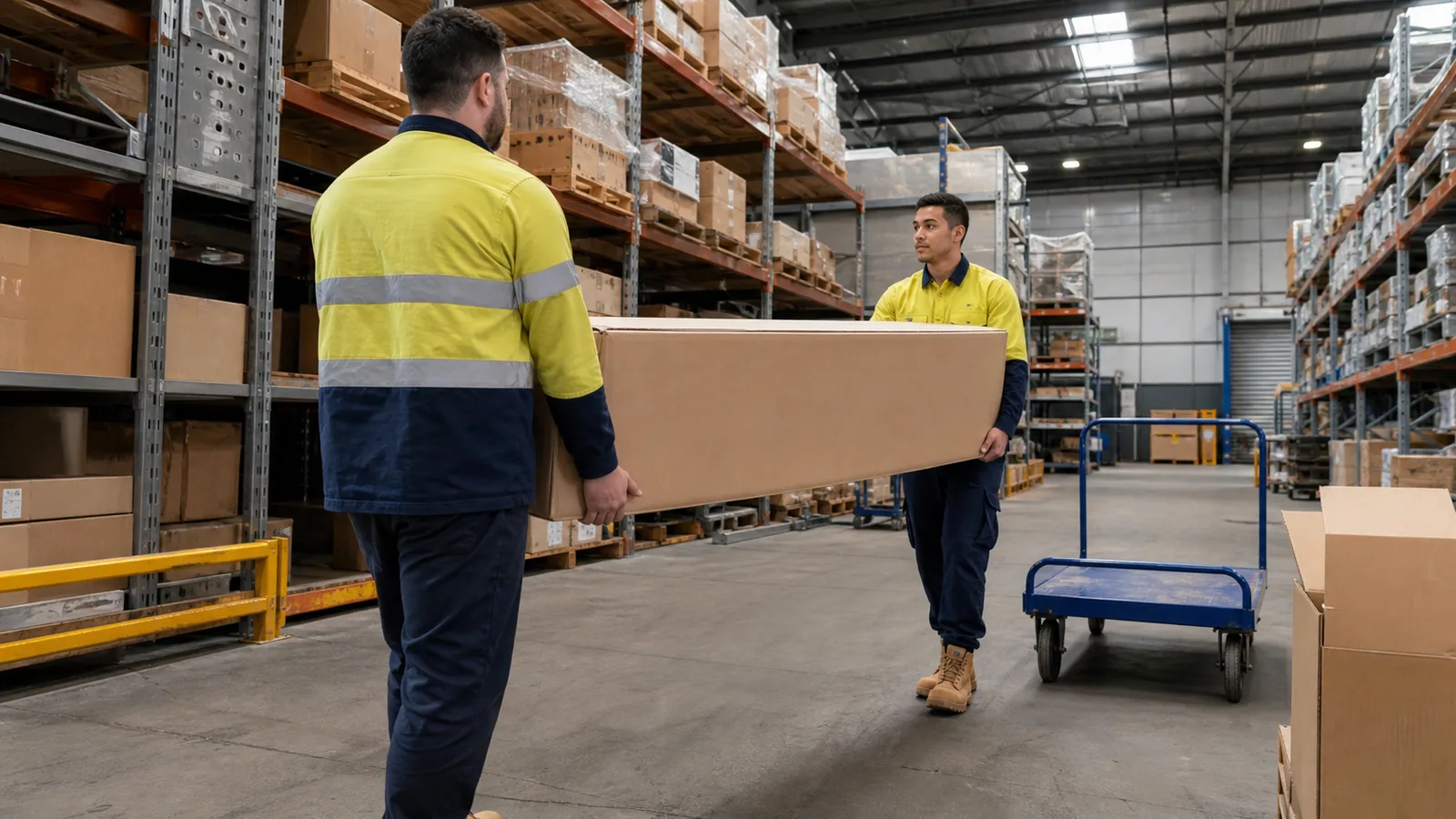 Carrying heavy or unstable loads at work shown through the actual Australian work task or exposure, without an injury reenactment, branding or embedded words.