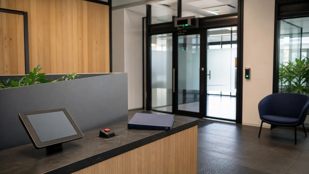 Respectful, non-graphic a calm home-office desk with a closed safety plan, work roster, secure phone and medical folder, no person or address visible; no violent act, injured person, weapon, logo or readable text is shown.