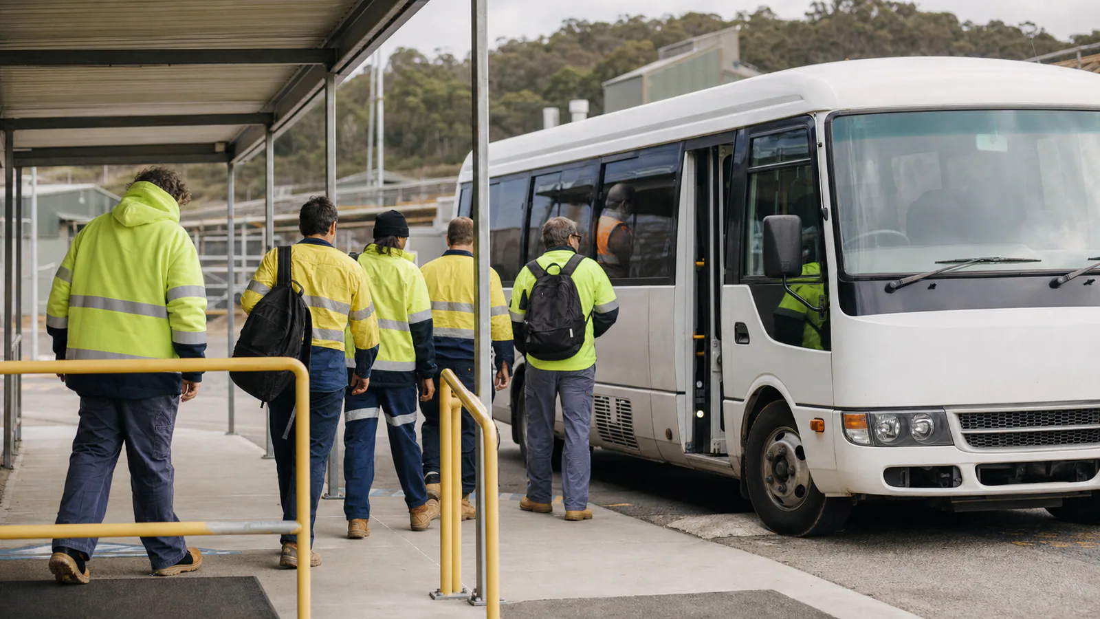 an unbranded worker shuttle at a designated pickup with a roster, route list, passenger record and medical folder, with no readable text, branding, collision damage or injured-person close-up.