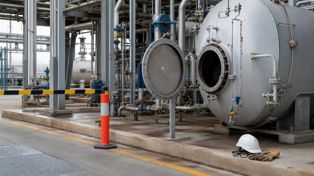 Industrial pressure equipment after shutdown with an opened relief panel, isolation barrier and inspection equipment.