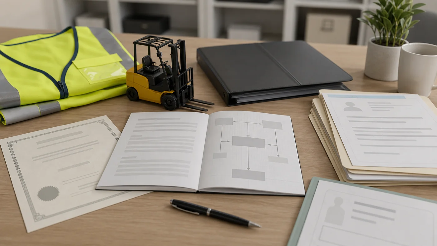 フォークリフト 傷害（Forklift injury） の証拠確認場面。事故記録、医学報告、capacity certificate、職務資料が含まれます。