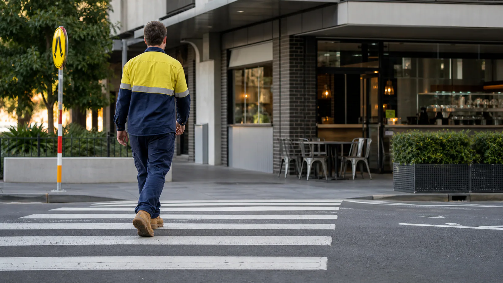a workplace-to-cafe pedestrian route with a break roster, receipt, crossing photo and treatment records, with no readable text, branding, collision damage or injured-person close-up.