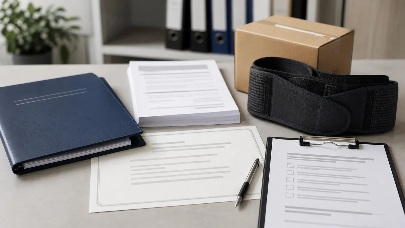 수작업 취급 손상（Manual handling injury） 증거 검토 장면: 사고 기록, 의학 보고서, capacity certificate 및 직무 문서가 포함됩니다.