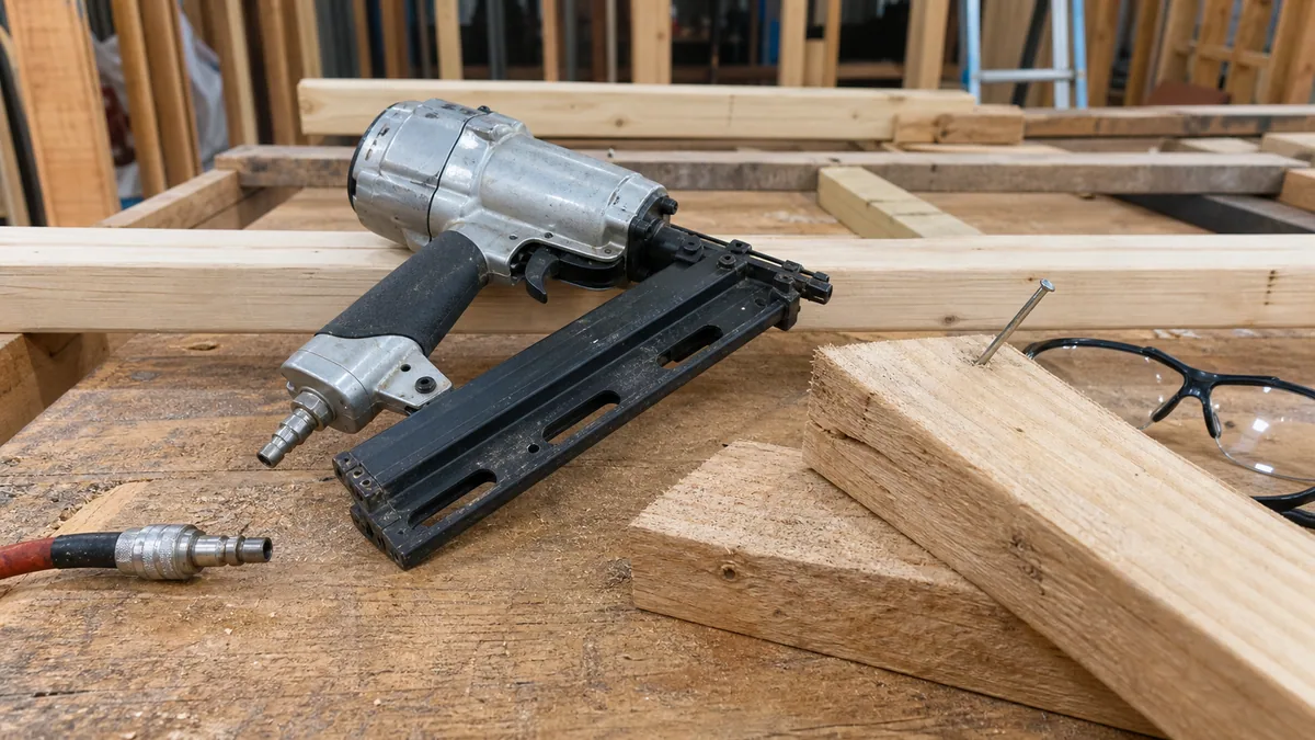 Realistic, non-graphic evidence scene for nail-gun or projectile injury at work, showing an unplugged unbranded nail gun and sample timber secured on an evidence bench beside inspection and medical folders, no projectile, injury or person.