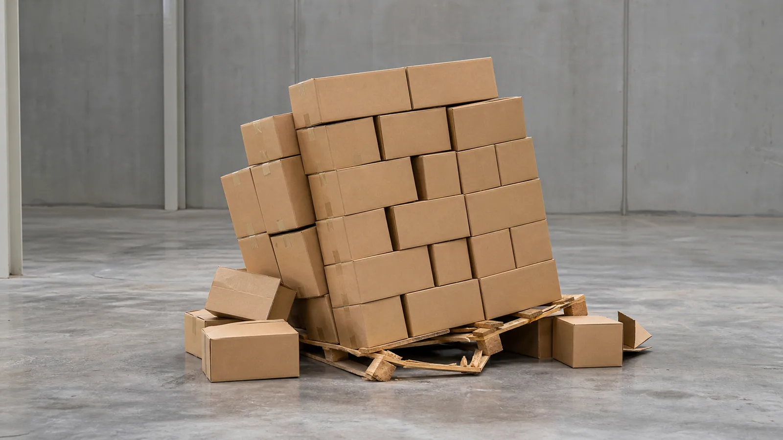 Pallet collapse evidence review with pallet-condition photographs, a load list, wrapping records, an incident diagram and medical documents, with no fallen worker shown.