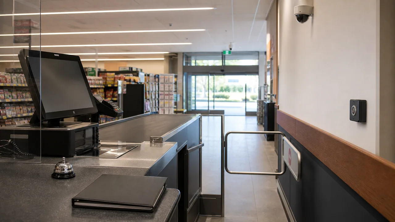 Respectful, non-graphic an empty retail service desk with a closed incident report, transaction terminal, staff roster and medical folder, no people; no violent act, injured person, weapon, logo or readable text is shown.