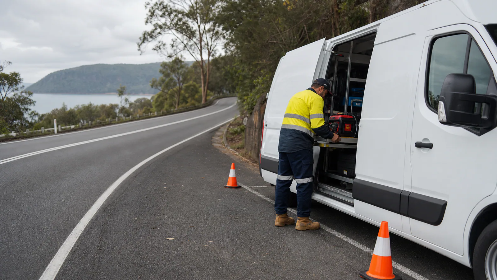 an unbranded service van safely parked beside a controlled roadside area with cones, load records, dashcam and medical folder, with no readable text, branding, collision damage or injured-person close-up.