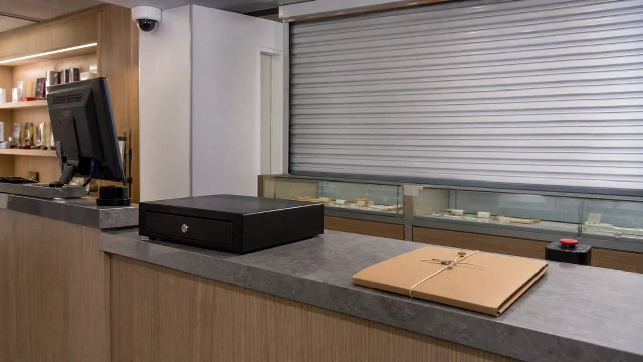 Respectful, non-graphic a closed convenience counter with a secured cash drawer, duress button, police event card and counselling referral folder, no people or weapons; no violent act, injured person, weapon, logo or readable text is shown.