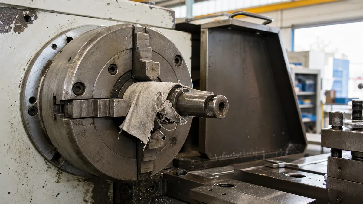 Realistic, non-graphic evidence scene for entanglement in rotating machinery, showing a fully isolated unbranded rotating shaft machine with guard opened only for documented inspection, lockout equipment and medical folder, no person or reenactment.