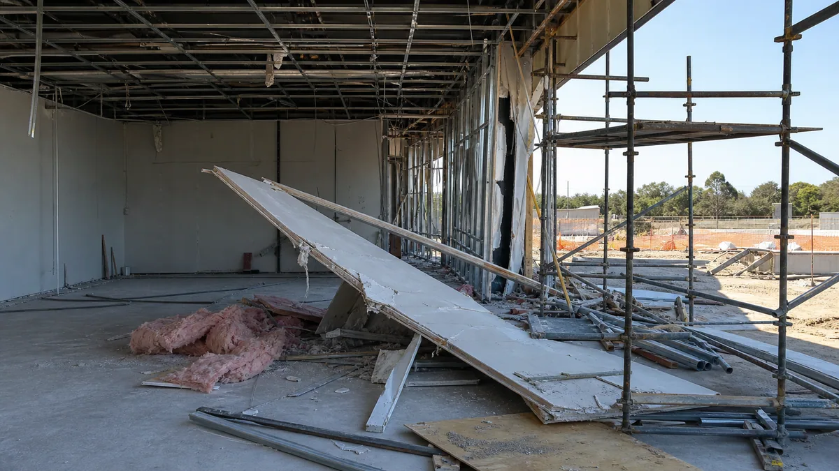 Realistic, non-graphic evidence scene for scaffold collapse at work, showing a partially collapsed empty scaffold isolated at a construction site, with engineering plan and incident folder in the foreground, no person.