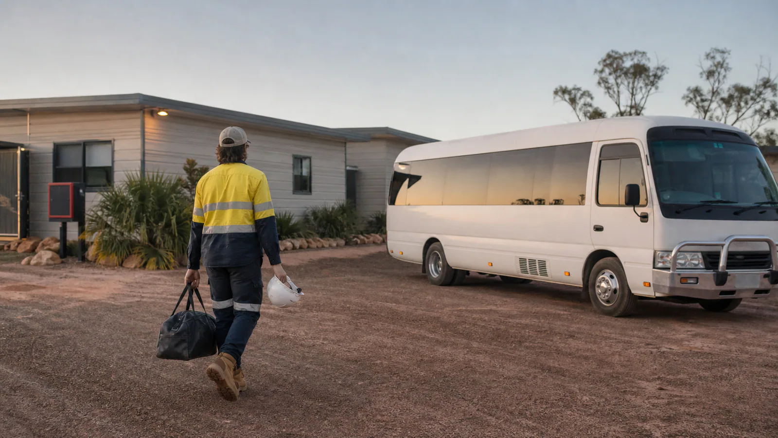 neutral regional worker accommodation with protective equipment, a shuttle roster, booking record and medical folder, with no readable text, branding, collision damage or injured-person close-up.