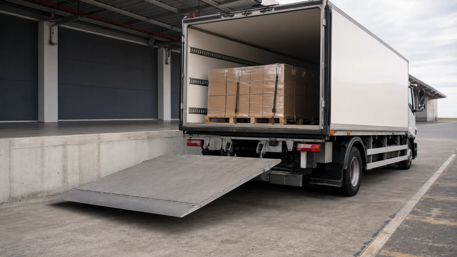 Truck lift-gate evidence review with hydraulic service records, a platform diagram, load restraint notes, delivery scans and medical documents, without an accident scene.