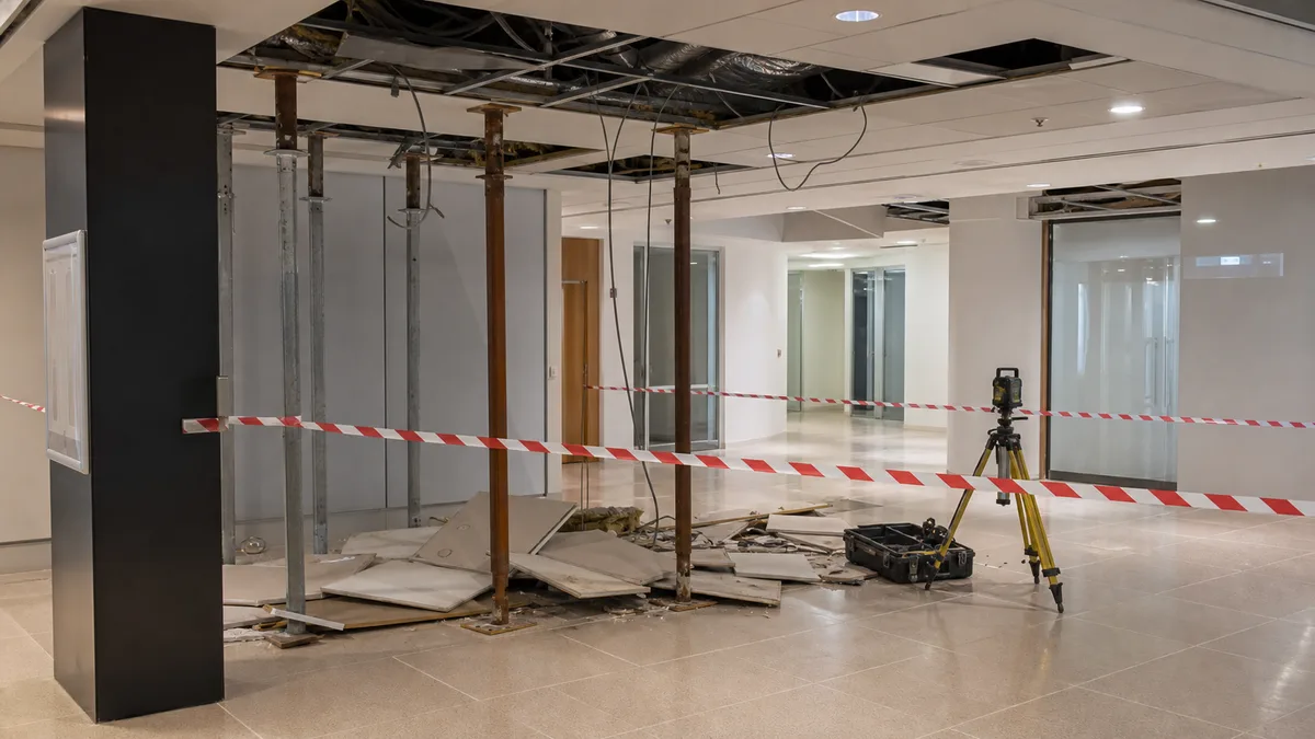 Empty commercial interior with fallen ceiling panels, temporary supports and an isolated inspection area.