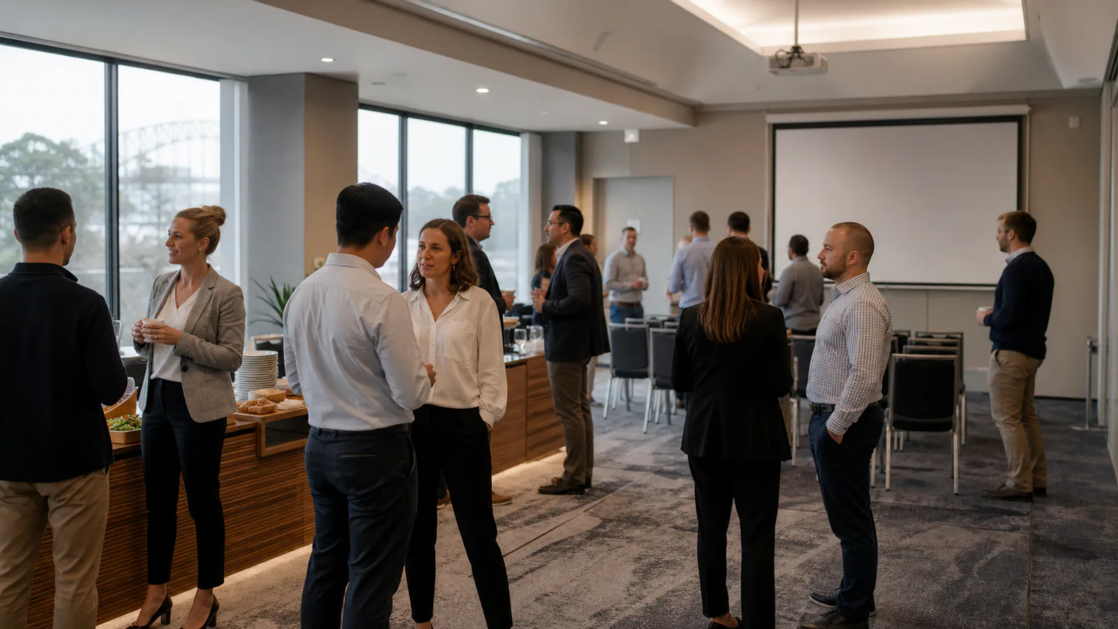 a restrained corporate event venue with an invitation, agenda, transport plan, incident record and medical folder, with no readable text, branding, collision damage or injured-person close-up.