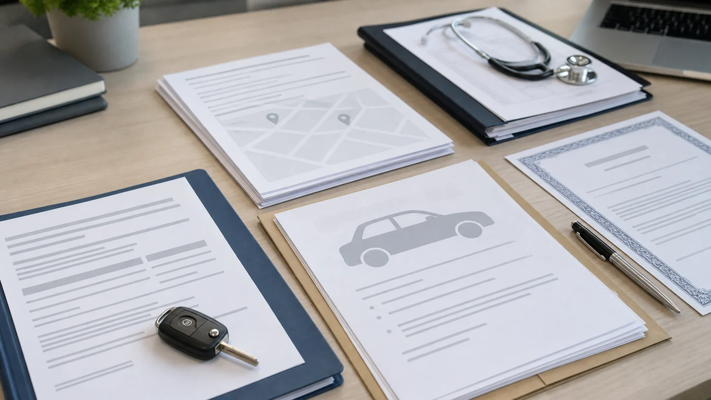 Work motor 차량 accident（Work motor vehicle accident） 증거 검토 장면: 사고 기록, 의학 보고서, capacity certificate 및 직무 문서가 포함됩니다.