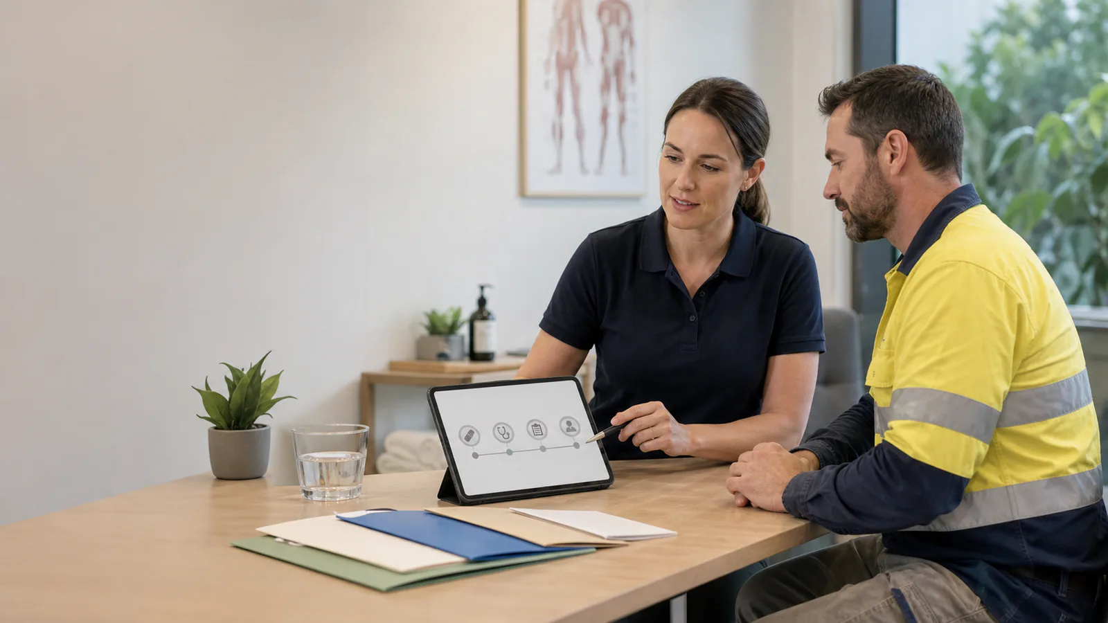 A clinician and worker reviewing an injury, treatment and rehabilitation chronology without readable text or branding.