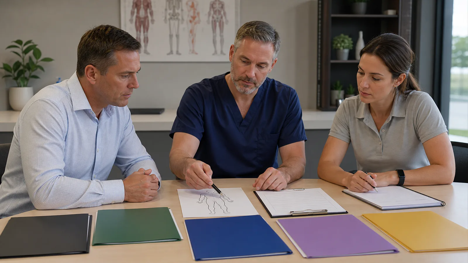 A neutral multidisciplinary case review with separate orthopaedic, neurological and rehabilitation folders arranged around one incident timeline, without readable text.