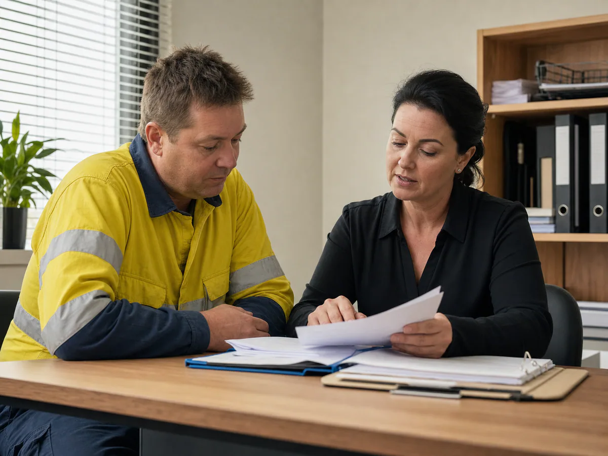A coal worker and claims adviser reviewing employment and claim records.