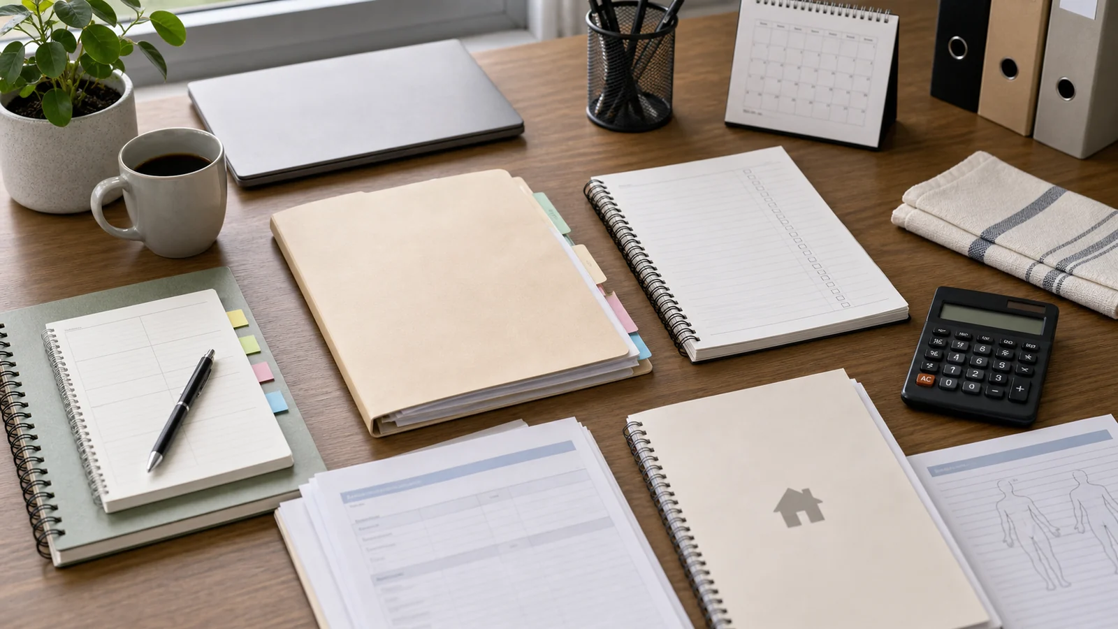 Domestic assistance and family care evidence review with treatment material, support records, household task notes, and insurer decision papers arranged without readable text.