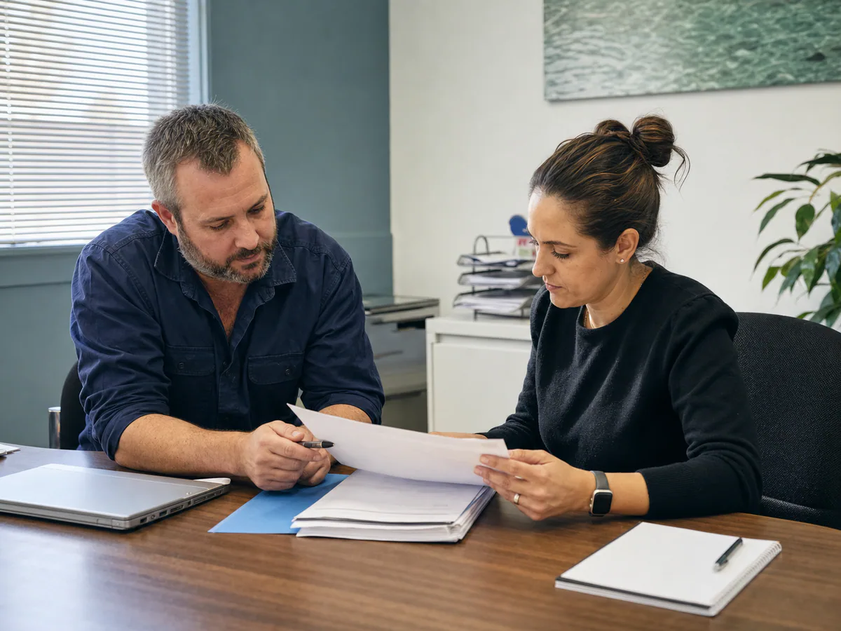 A worker and adviser reviewing an employer contact record beside a closed capacity certificate.