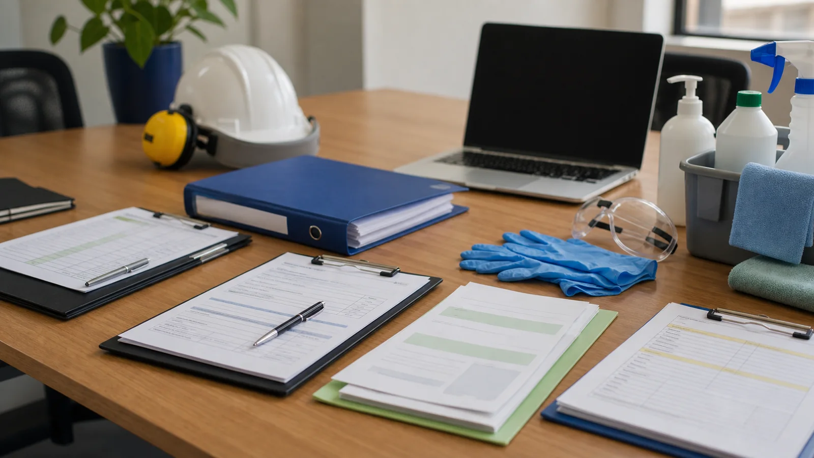 Cleaning and facilities worker claim review desk with wage records, medical certificates, treatment notes, written decisions, and return-to-work planning for ISS Property Services Pty Ltd.