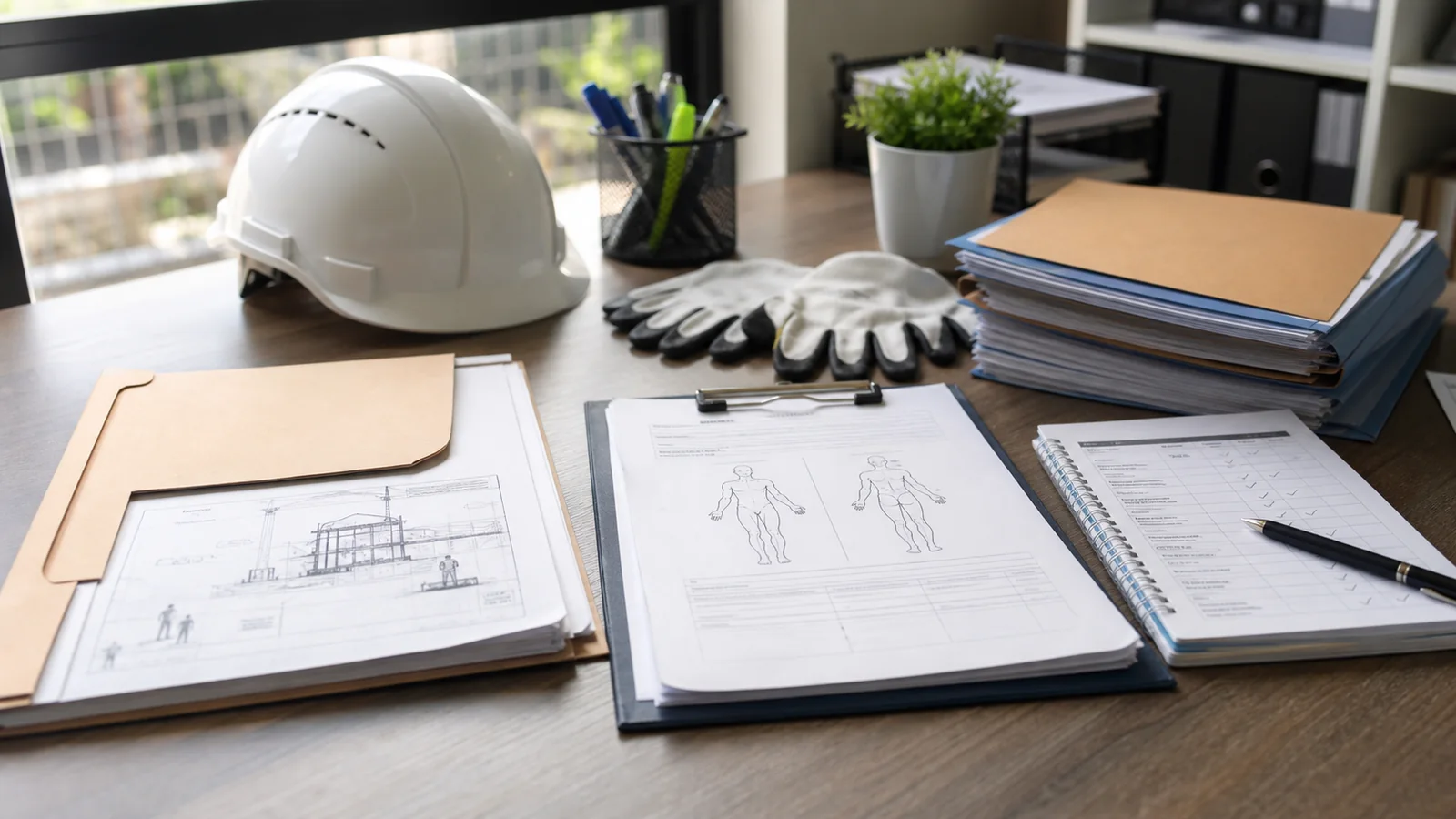 Construction materials worker claim review desk with wage records, medical certificates, treatment notes, written decisions, and return-to-work planning for VENTORA Group Pty Ltd.