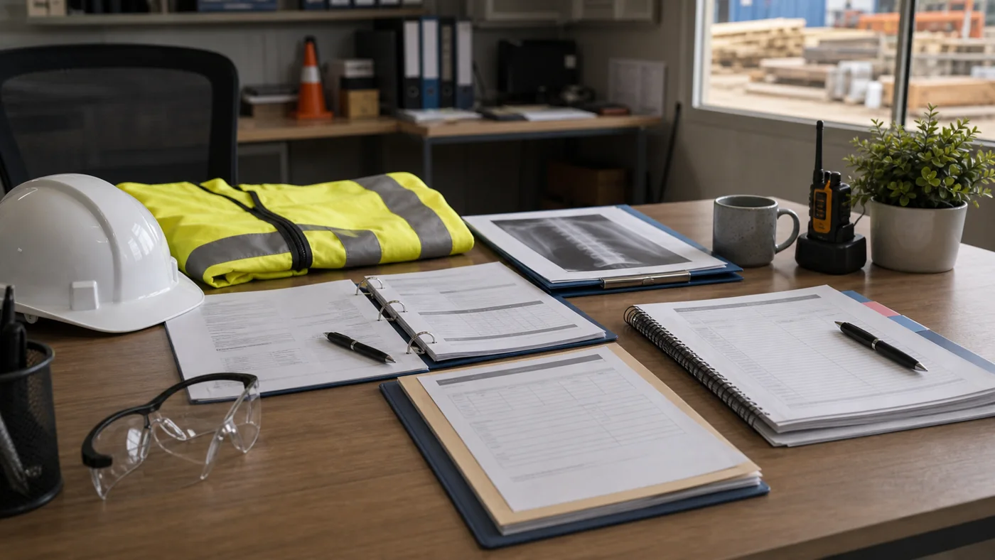 Construction site worker claim review desk with wage records, medical certificates, treatment notes, written decisions, and return-to-work planning for CSR Pty Ltd.
