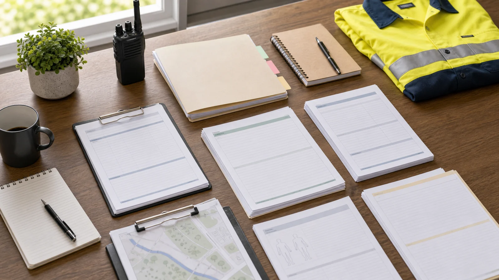 Council worker claim review desk with wage records, medical certificates, treatment notes, written decisions, and return-to-work planning for Northern Beaches Council.