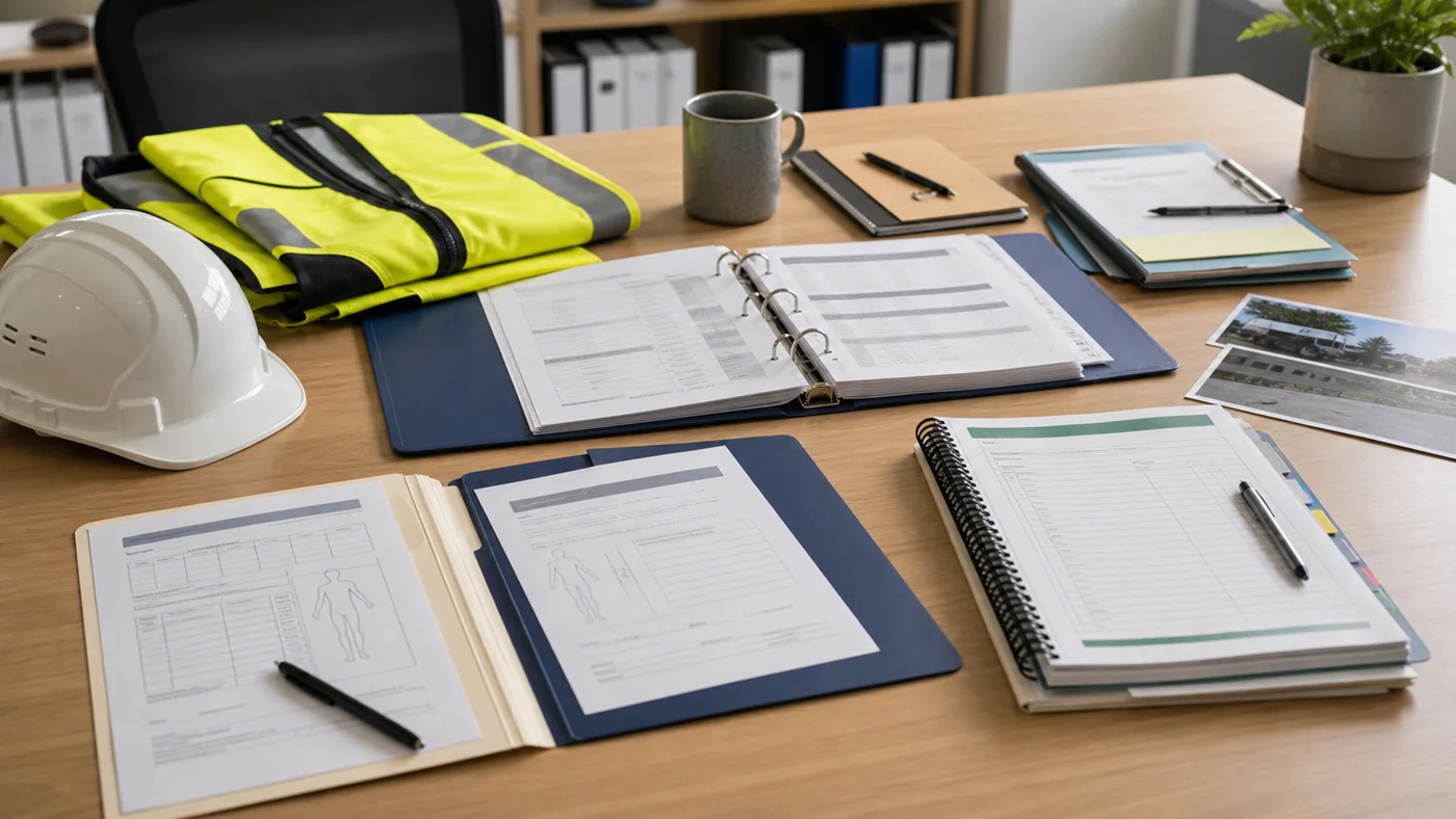 Council field worker claim review desk with wage records, medical certificates, treatment notes, written decisions, and return-to-work planning for Canterbury-Bankstown Council.