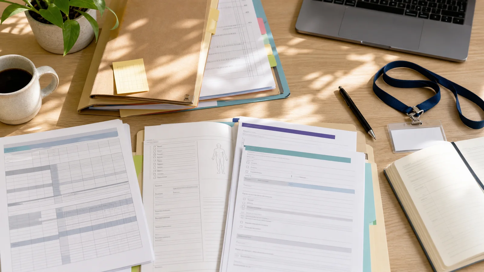 Education and campus worker claim review desk with wage records, medical certificates, treatment notes, written decisions, and return-to-work planning for University of New South Wales.