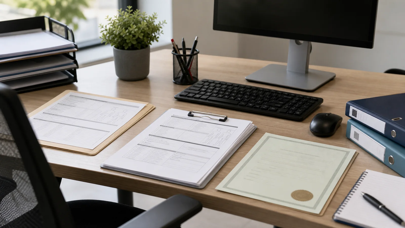 Finance and office worker claim review desk with wage records, medical certificates, treatment notes, written decisions, and return-to-work planning for DAC Finance Pty Ltd.