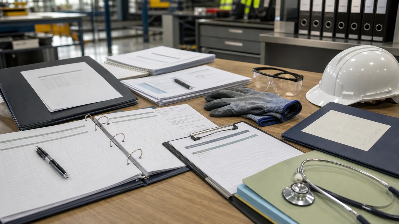 Manufacturing worker claim review desk with wage records, medical certificates, treatment notes, written decisions, and return-to-work planning for BOC Limited.