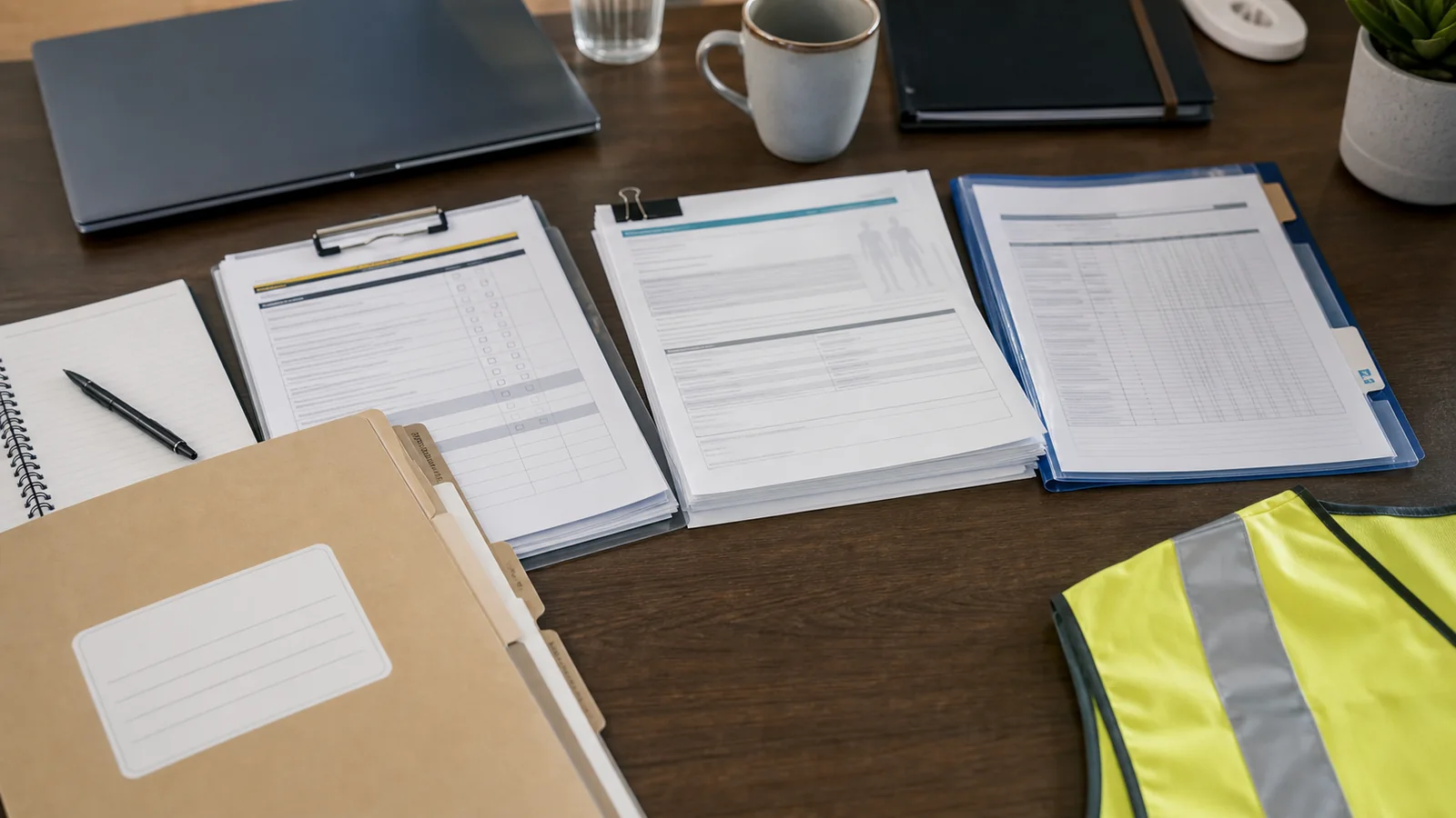 Labour hire worker claim review desk with wage records, medical certificates, treatment notes, written decisions, and return-to-work planning for RGF Staffing APEJ Pty Ltd.