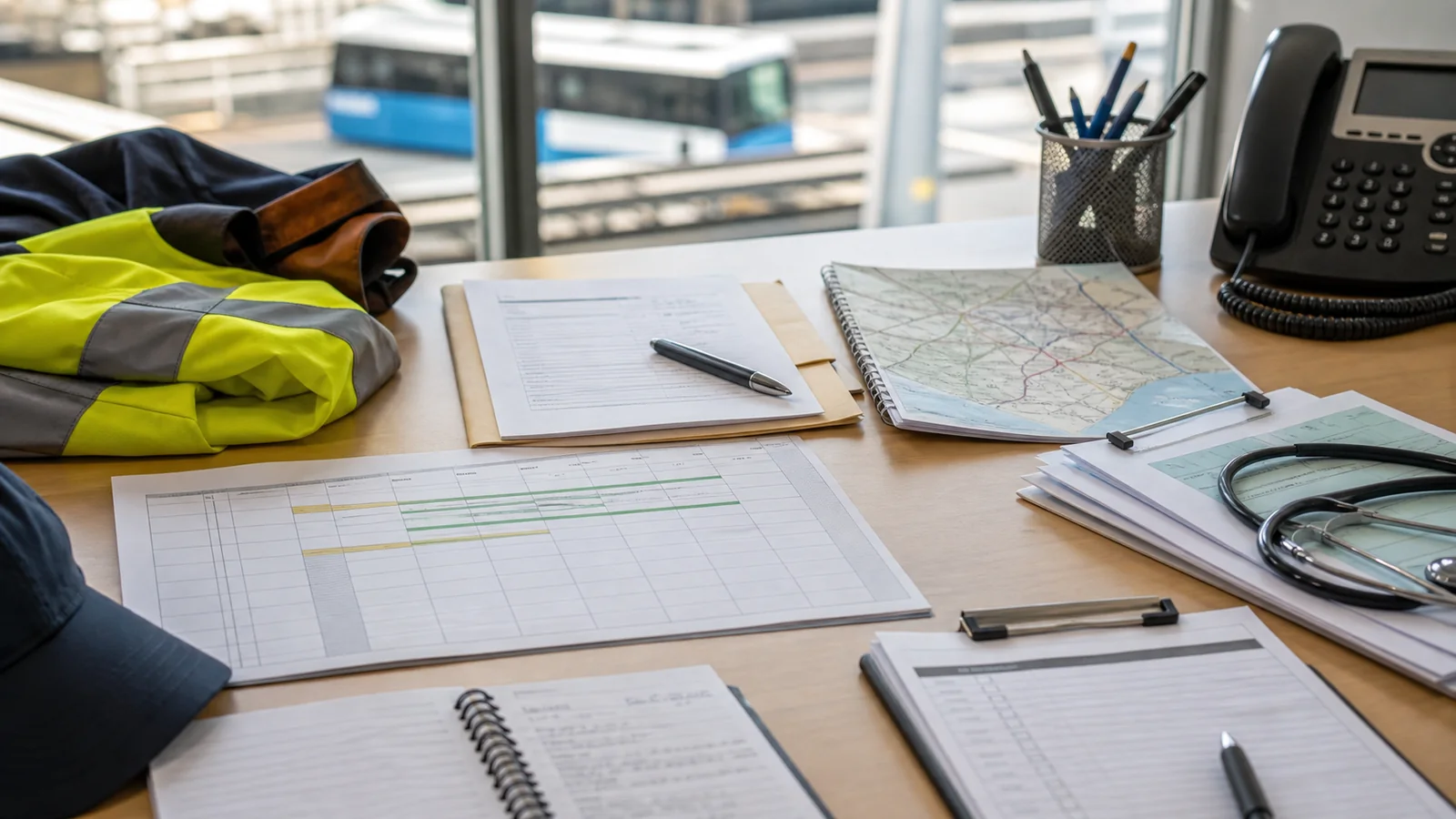 Transport worker claim review desk with wage records, medical certificates, treatment notes, written decisions, and return-to-work planning for Kelsian Group Ltd.