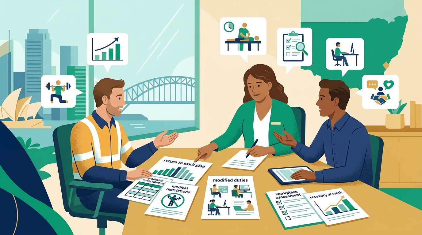 Injured worker, employer and workplace rehabilitation provider reviewing suitable duties and medical restrictions