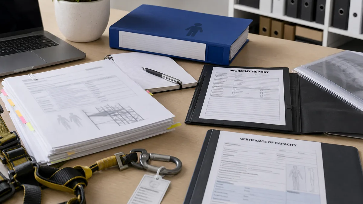 Fall from height injury workers compensation evidence review with medical reports, treatment notes, certificate of capacity and workplace duties documents.
