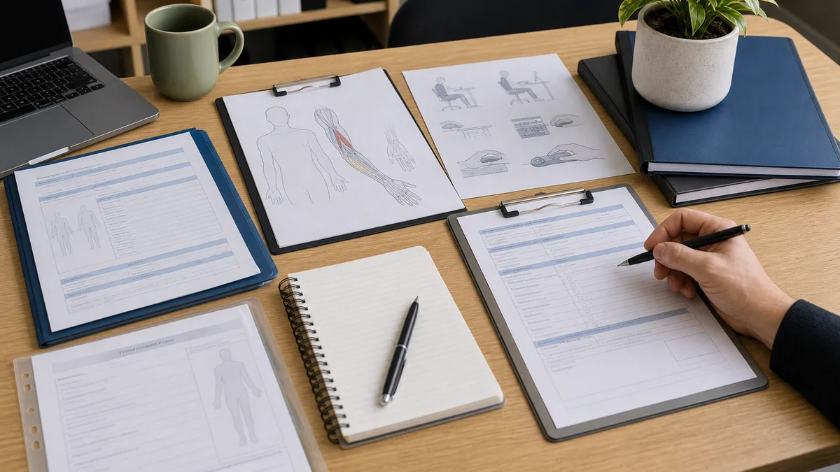 Golfer's elbow workers compensation evidence review with medical reports, treatment notes, certificate of capacity and workplace duties documents.