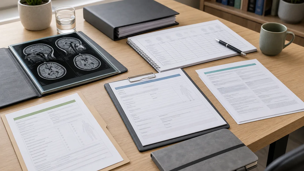 Post-concussion syndrome workers compensation evidence review with medical reports, treatment notes, certificate of capacity and workplace duties documents.