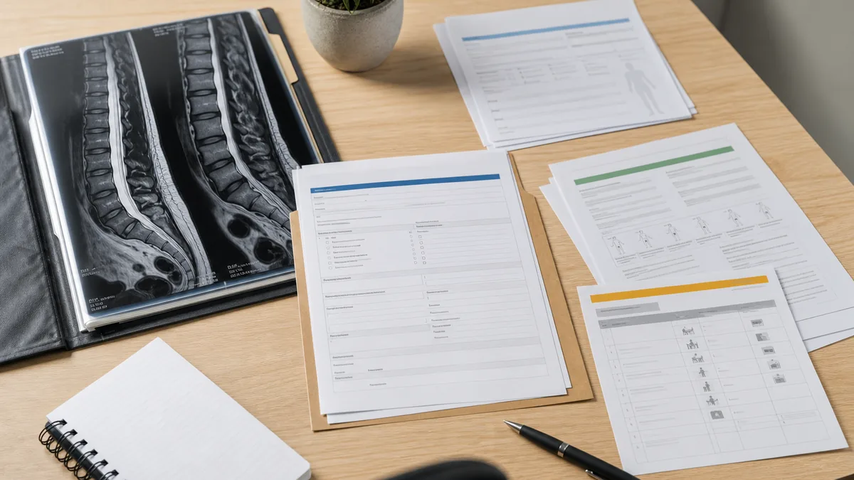 Sciatica and radiculopathy workers compensation evidence review with medical reports, treatment notes, certificate of capacity and workplace duties documents.
