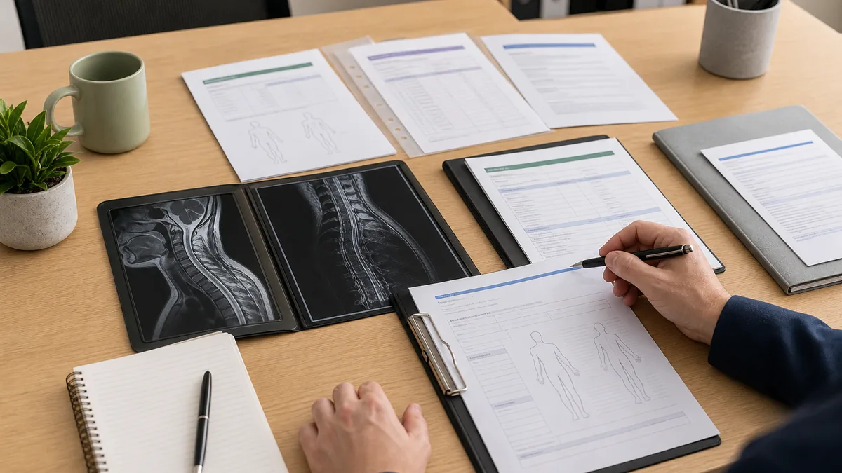 Upper back injury workers compensation evidence review with medical reports, treatment notes, certificate of capacity and workplace duties documents.