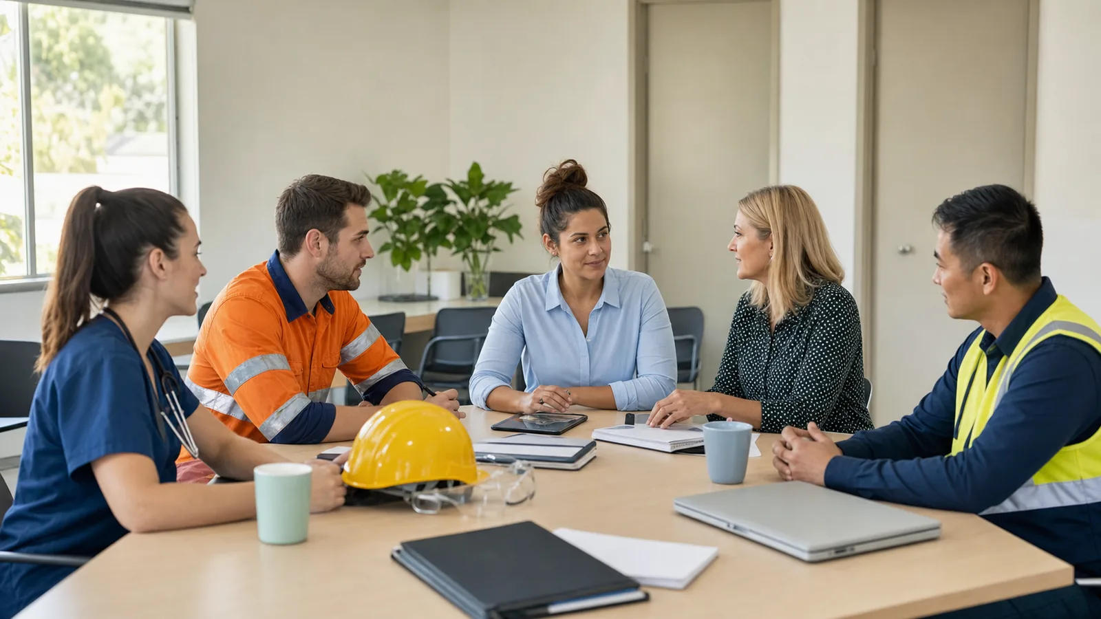 Healthcare, construction, logistics and office workers discussing a return-to-work plan in a neutral meeting room.