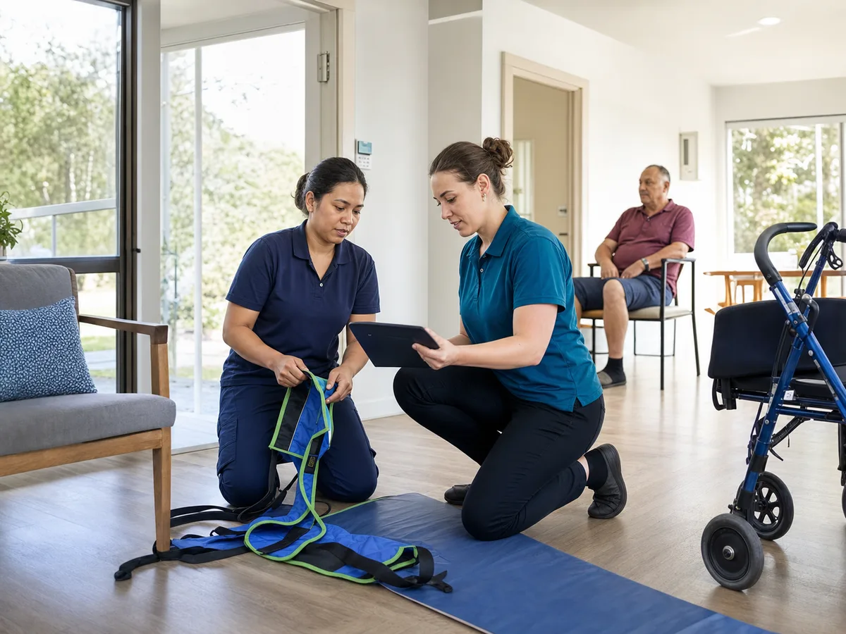 Two Australian community-care workers reviewing a safe mobility-support plan beside transfer equipment and a mobility aid.