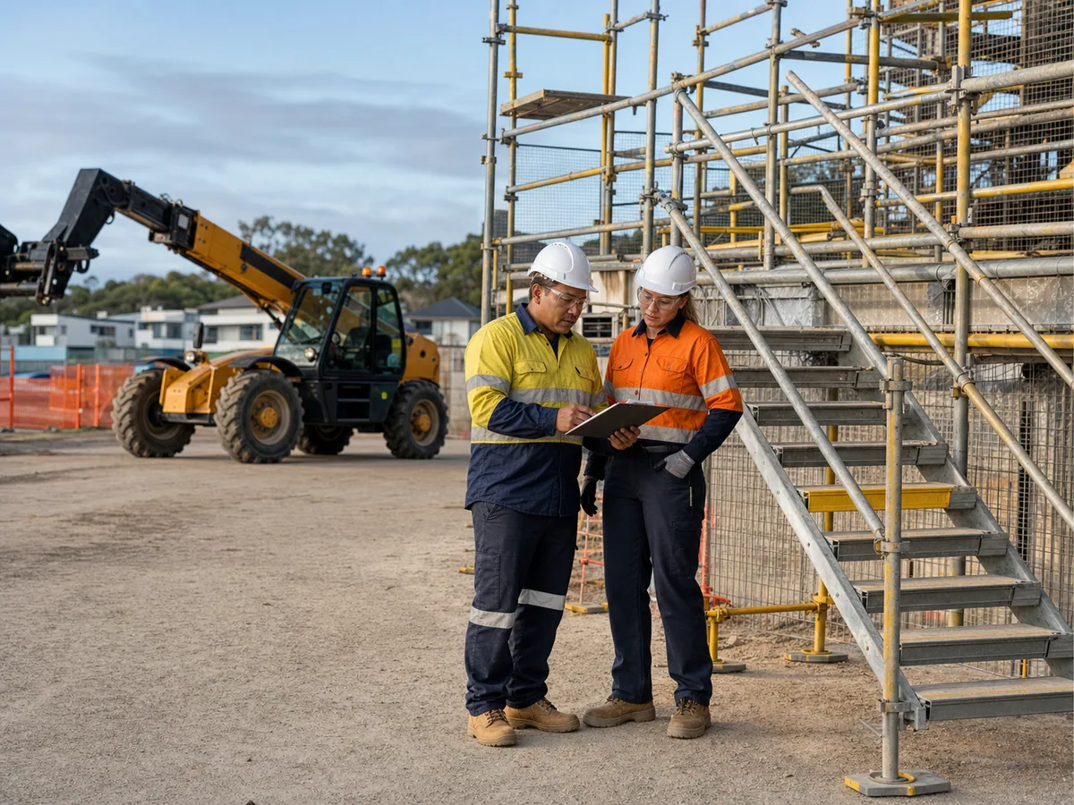 Australian construction workers in correct PPE reviewing a safe work method statement beside scaffold access and mobile plant, with no branding or readable text.