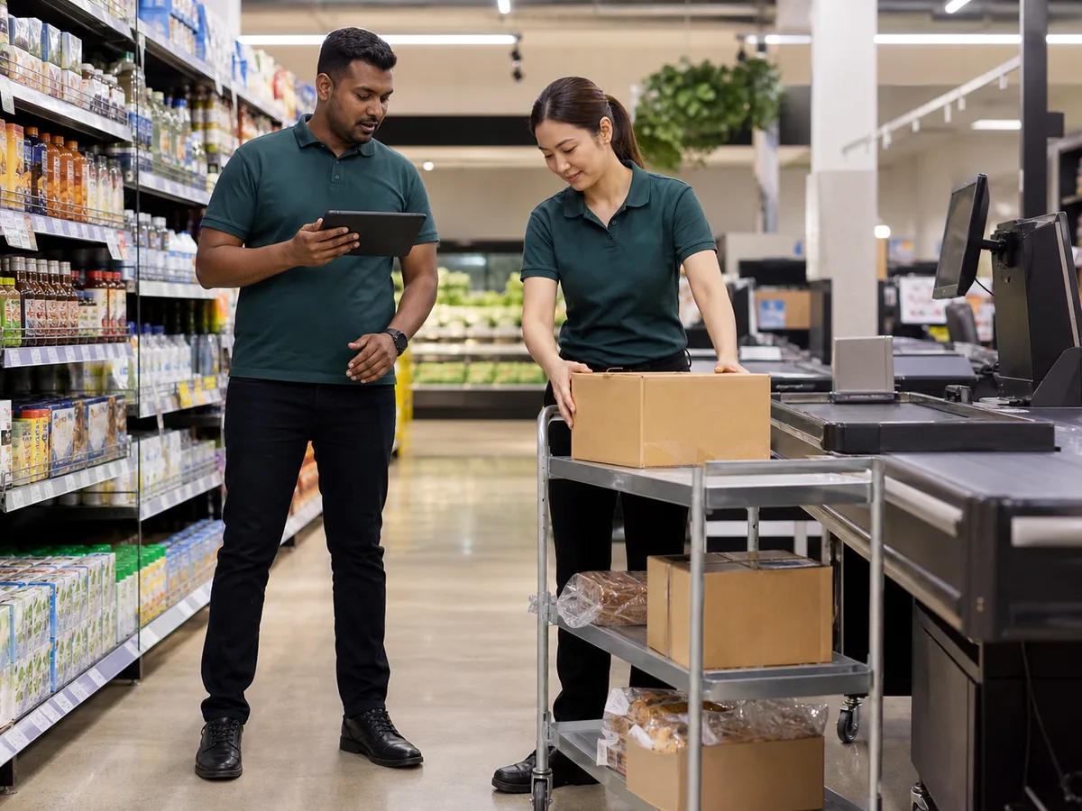 Two Australian retail workers reviewing stock replenishment beside a checkout and waist-height stock trolley.