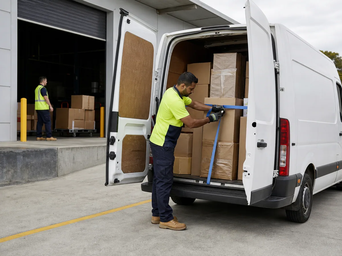 Australian delivery driver in high-visibility clothing checking a secured load beside a parked unbranded van at a loading area, with safe traffic separation.