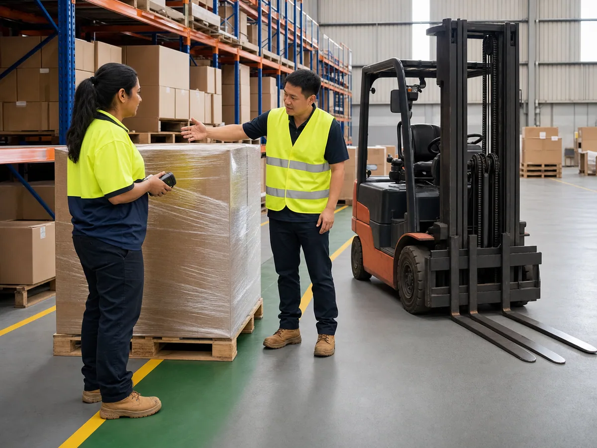 Australian warehouse workers in high-visibility clothing reviewing a pallet and traffic zone beside a stationary forklift, with correct separation and no branding.