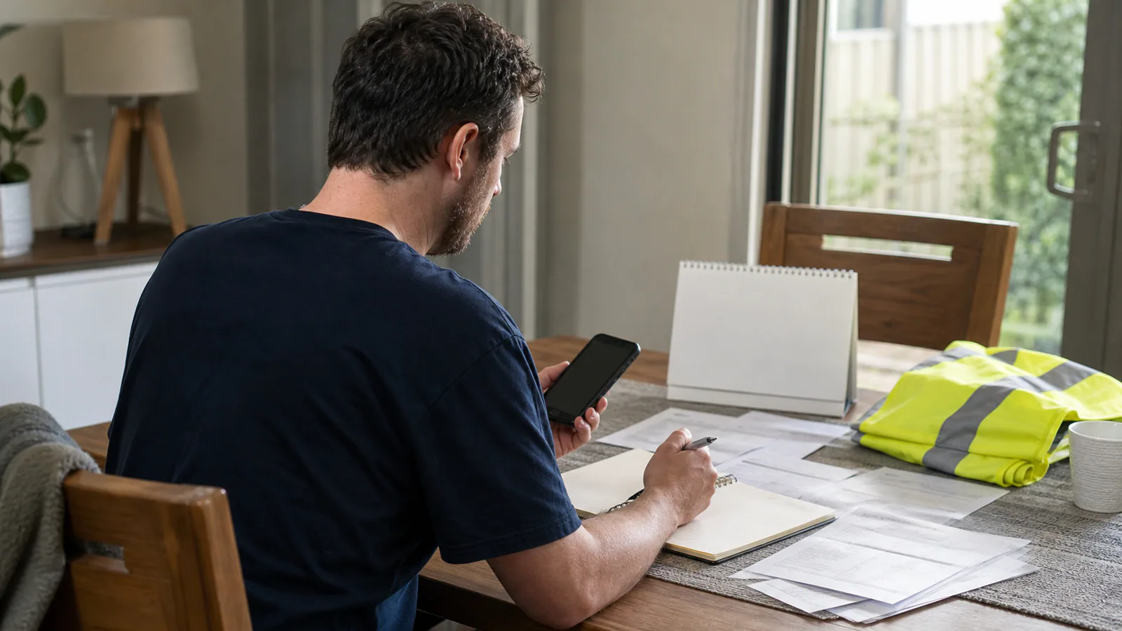Illustrative editorial scene of a warehouse worker reconstructing a delayed injury-report timeline from a phone, calendar and records.