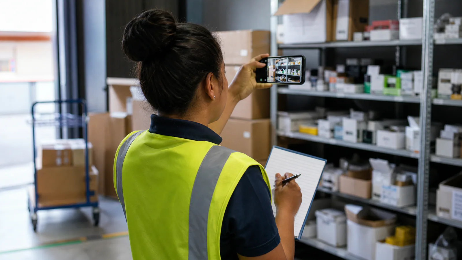 Illustrative editorial scene of a retail stockroom worker documenting the location when no incident report was completed.